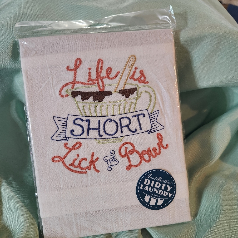 Embroidered Tea Towel "Life is Short, Lick the Bowl"